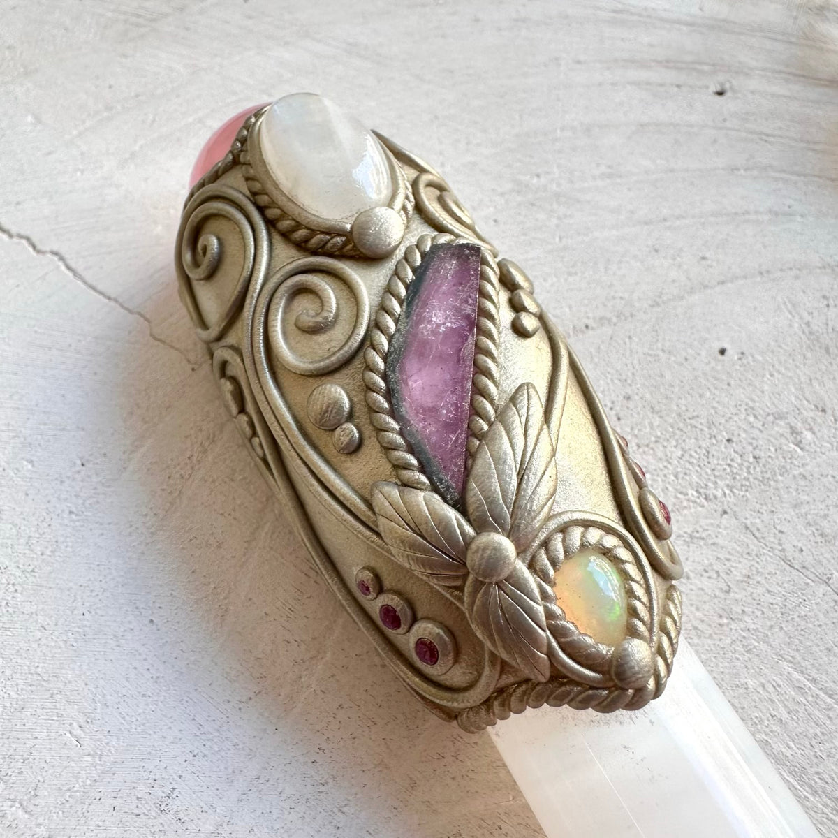 Unique crystal wand combining Selenite with Rose Quartz, Moonstone, Watermelon Tourmaline and Ethiopian Opal.