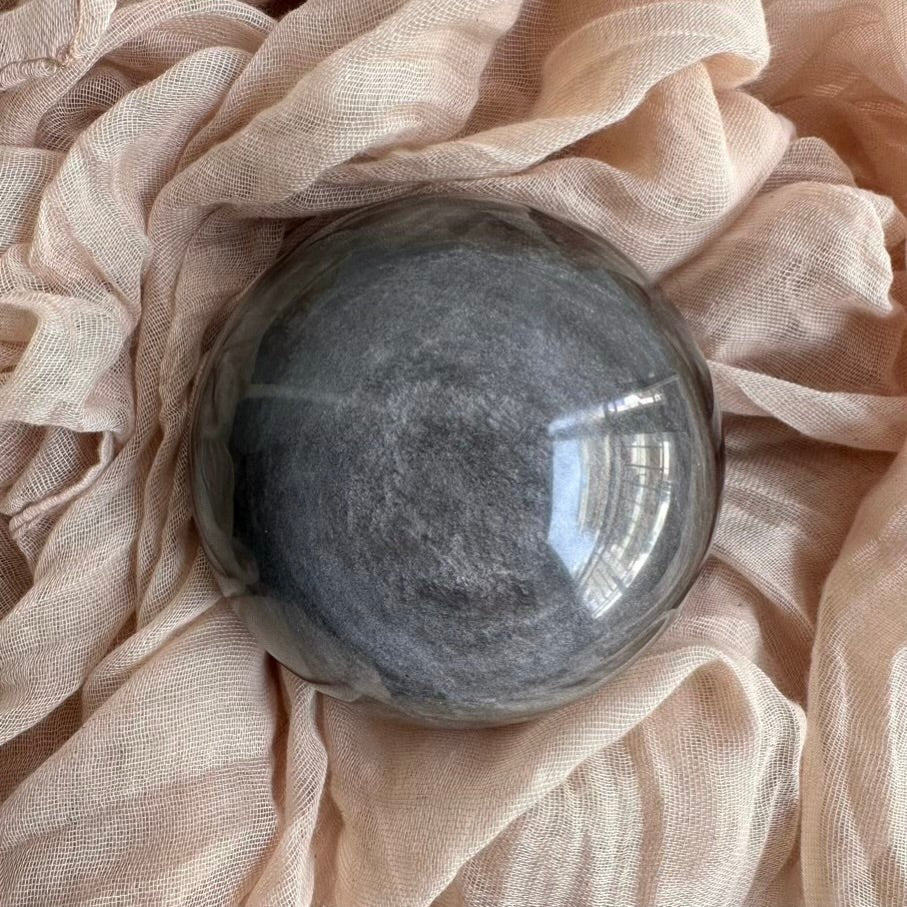 Obsidian Sphere – Natural Silver Obsidian Crystal Ball (9 cm) for Protection, Grounding & Energy Shielding - FairyGardenGlow