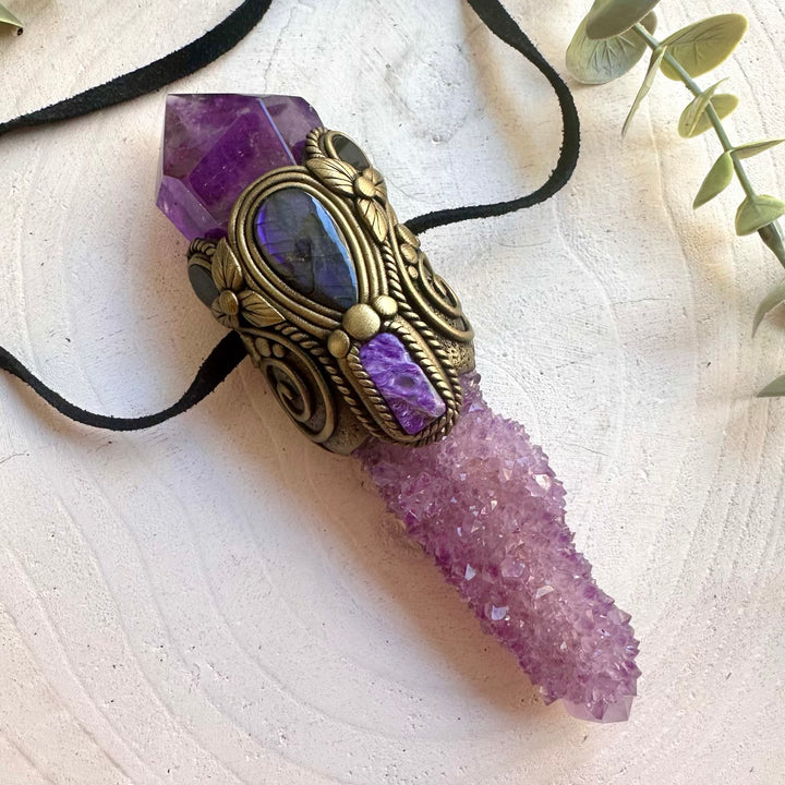 Protection amulet necklace featuring Deep Purple Spirit Quartz, Labradorite and Black Onyx.