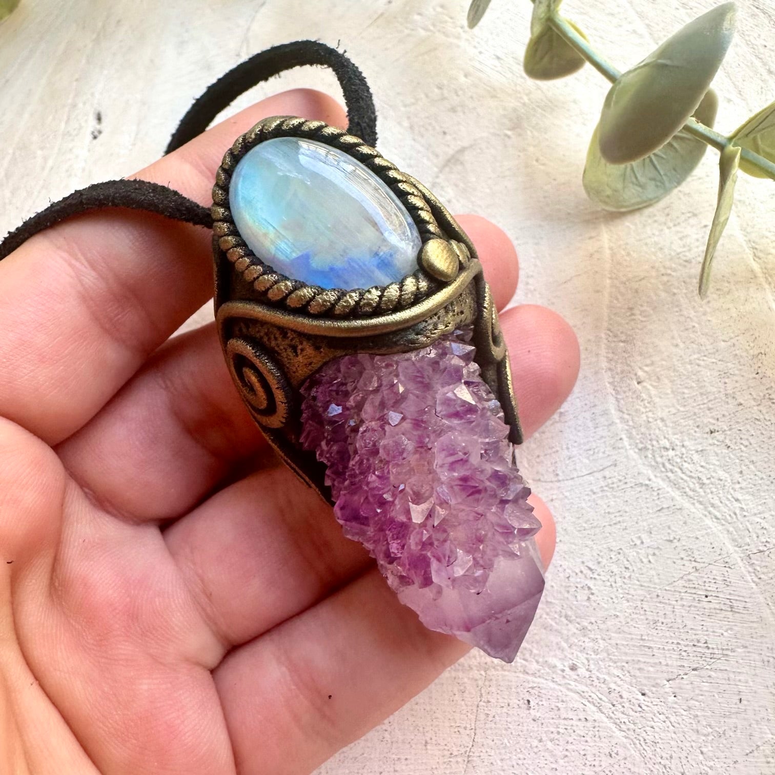 One of a kind clay gemstone pendant handcrafted with sparkling Spirit Quartz and Rainbow Moonstone.