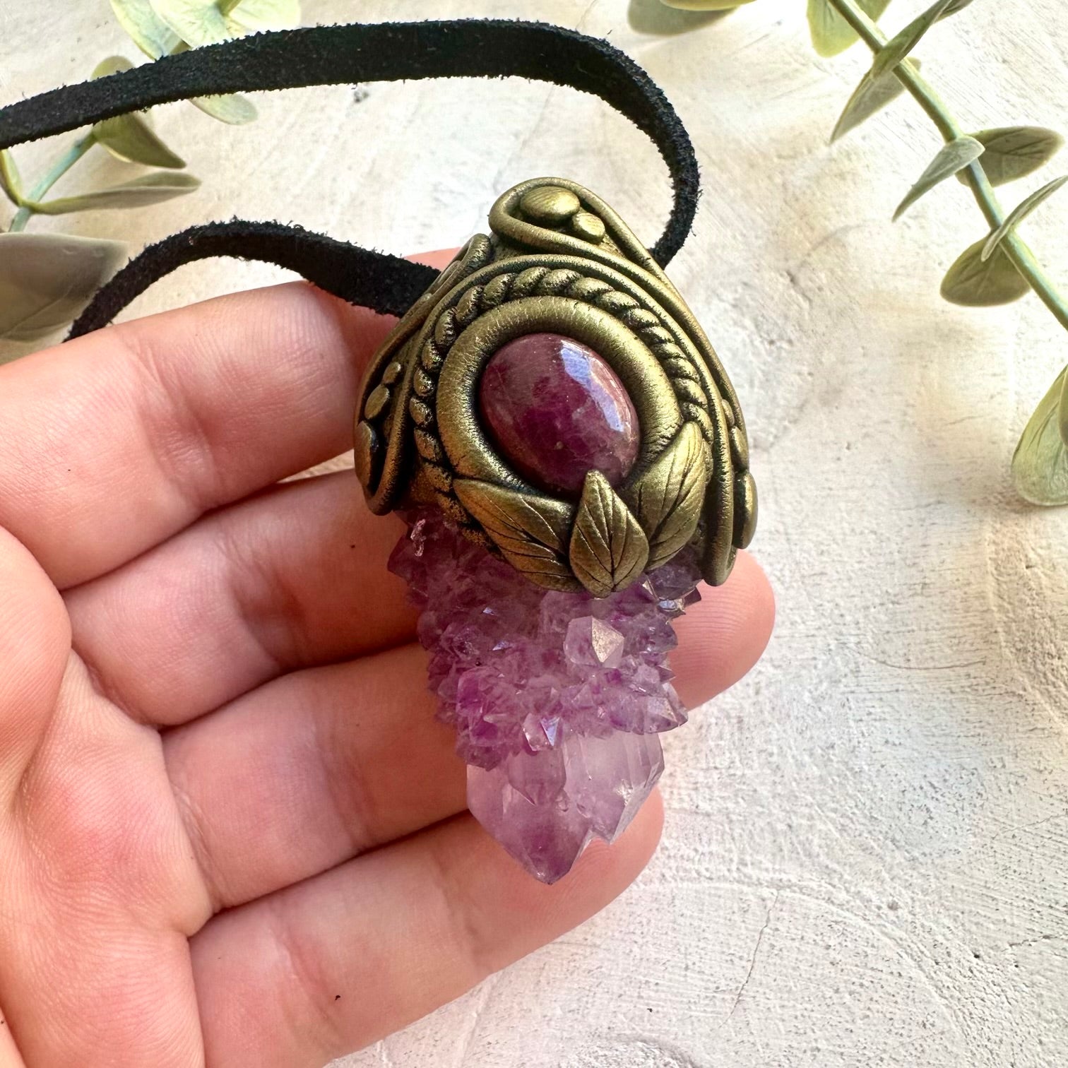 Natural crystal jewelry with sparkling Spirit Quartz and Ruby in an artisan pendant design.