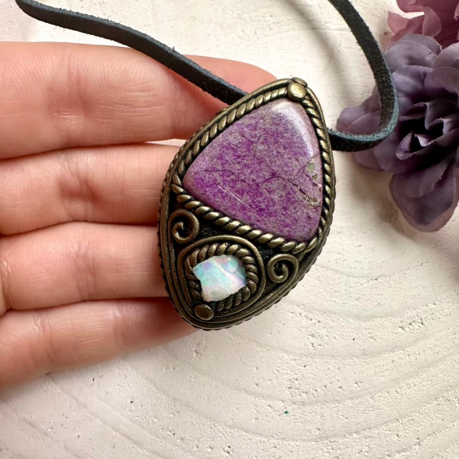 One-of-a-kind Stichtite and raw Ethiopian Opal pendant, wearable metaphysical energy tool jewelry.