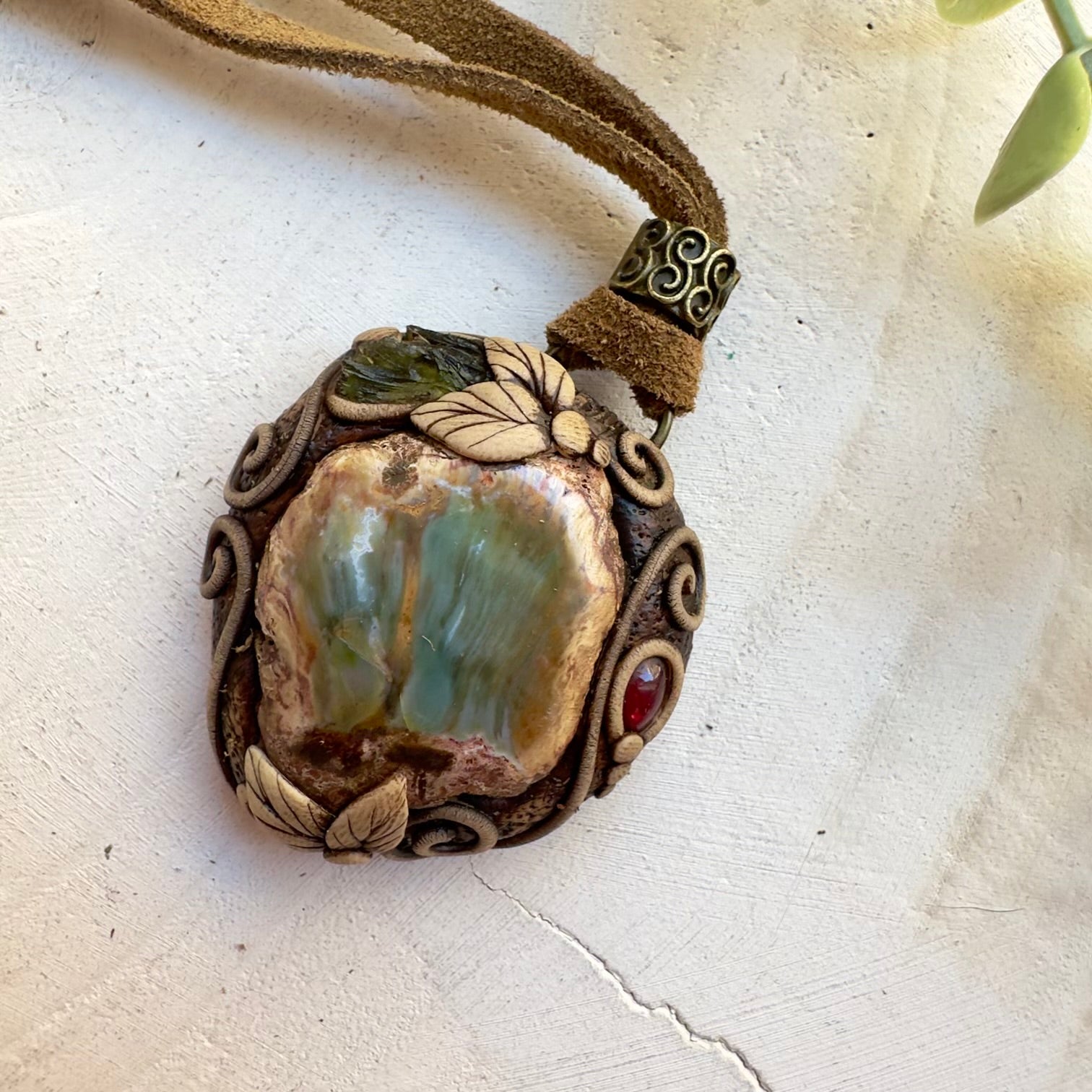 One of a kind moldavite crystal necklace with petrified wood pendant