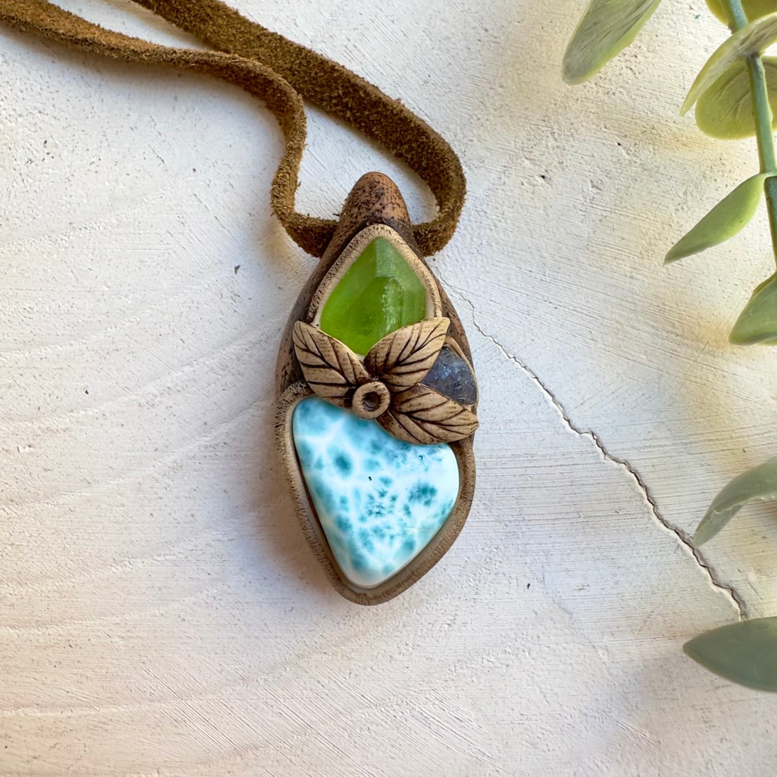 Boho unisex necklace with Larimar, Peridot and Tanzanite