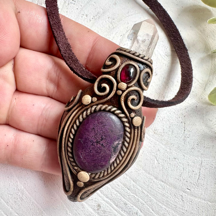 One of a kind crystal talisman necklace with Sugilite, Quartz and Rhodolite Garnet gemstones
