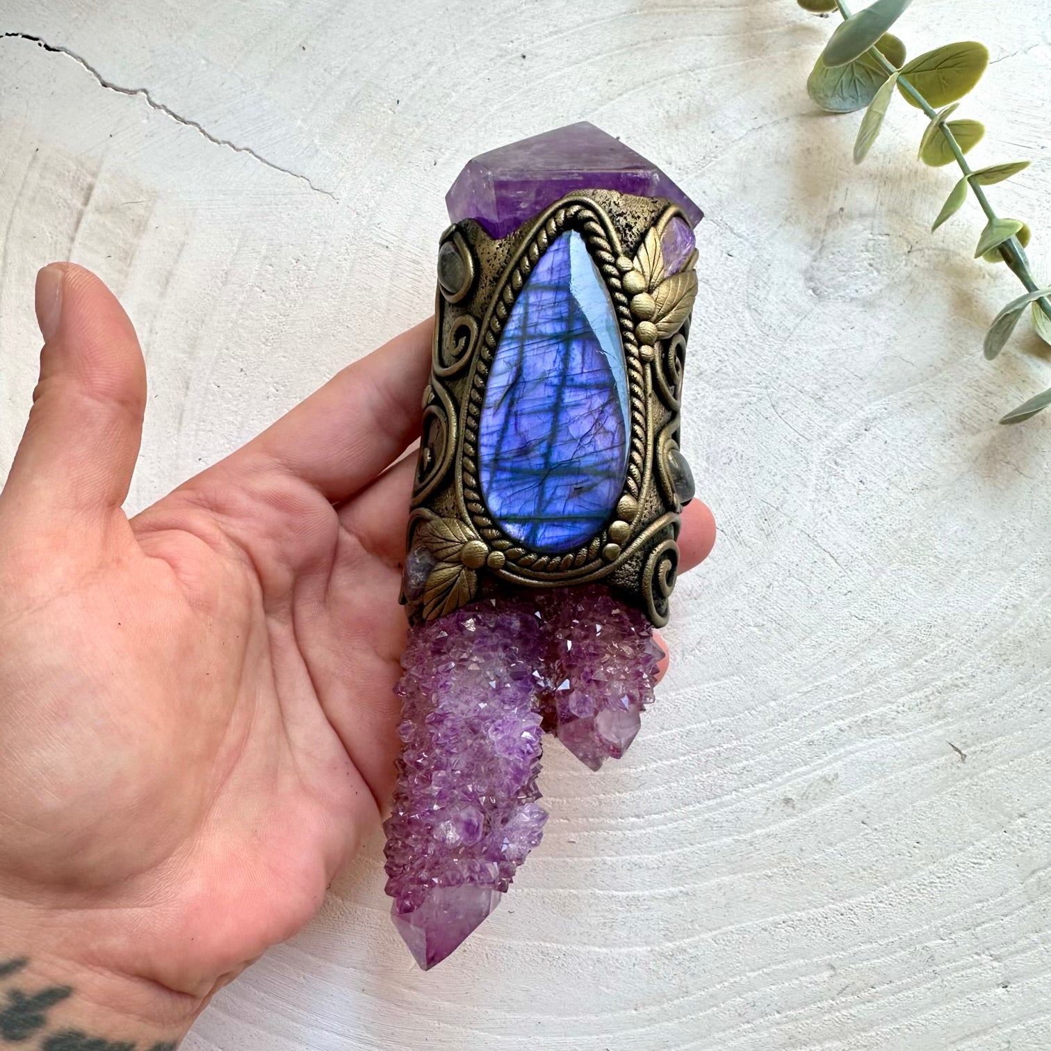 Handmade energy wand combining Spirit Quartz, Purple Labradorite and Charoite.
