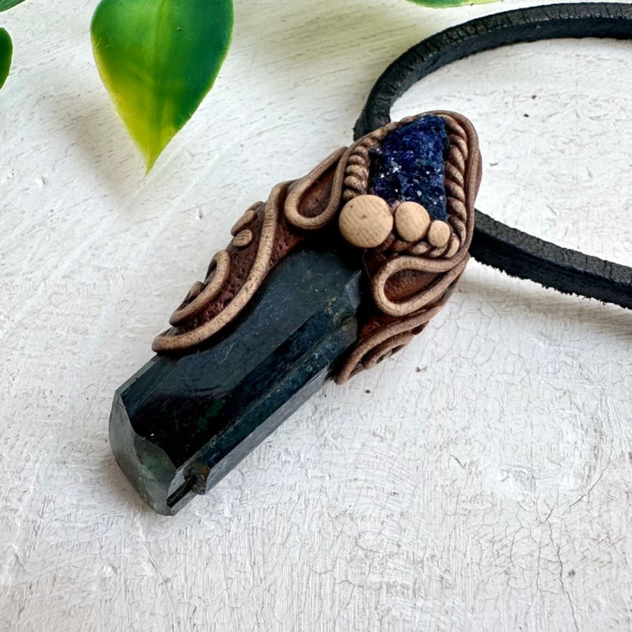 Vivianite and Azurite Necklace, Unisex Handmade Pendant - FairyGardenGlow