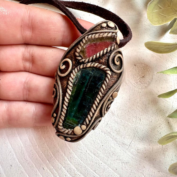 Handmade unisex gemstone necklace with raw Vivianite and Watermelon Tourmaline crystals