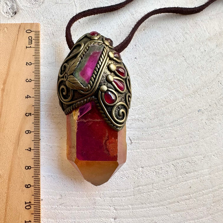 Handmade healing crystal talisman necklace with Sunset Aura Quartz, Watermelon Tourmaline and Rhodolite Garnet.
