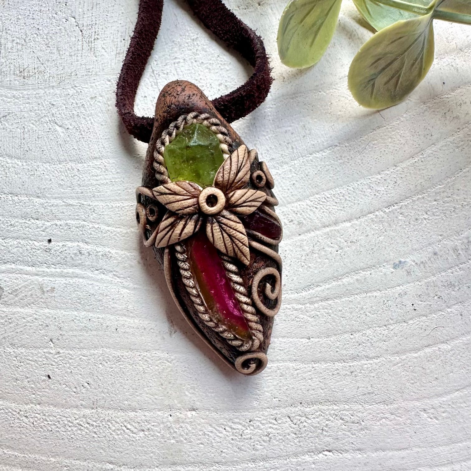 Boho gemstone necklace featuring Watermelon Tourmaline, Peridot and Rhodolite Garnet natural crystals.