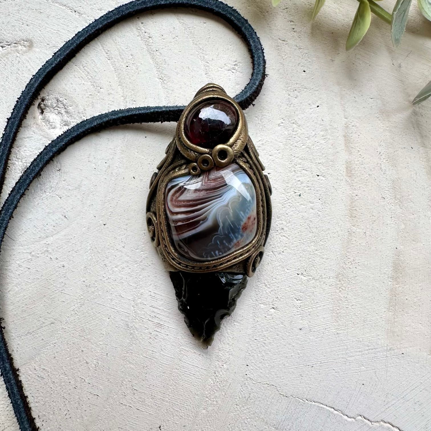 Handmade obsidian arrowhead necklace with agate and garnet gemstones