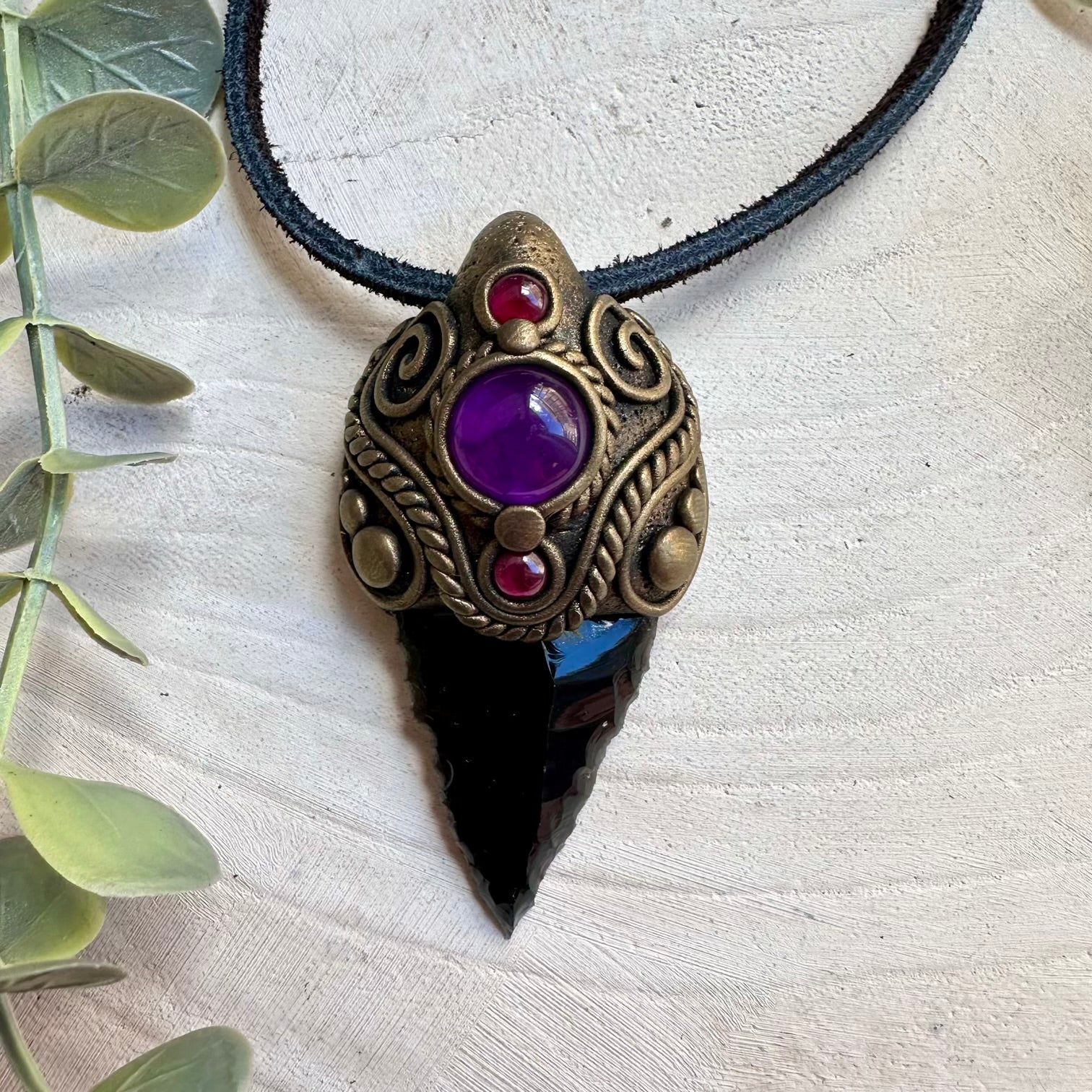 Handmade necklace with black obsidian arrowhead and amethyst