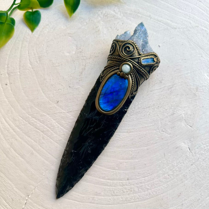 Shamanic-style wand with Aqua Aura Spirit Quartz and Black Obsidian