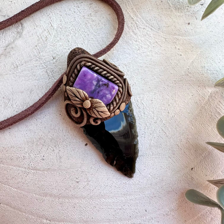 Protection amulet necklace with Obsidian Arrowhead and Charoite gemstone