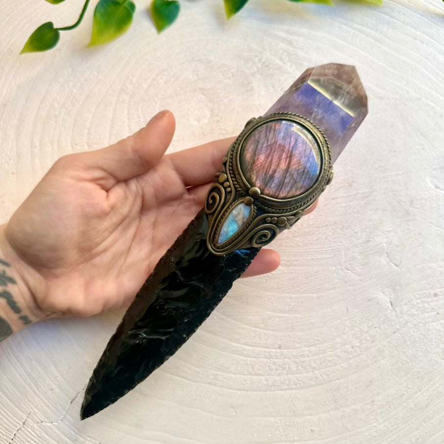 Shamanic-style wand with Super Seven Quartz and Black Obsidian