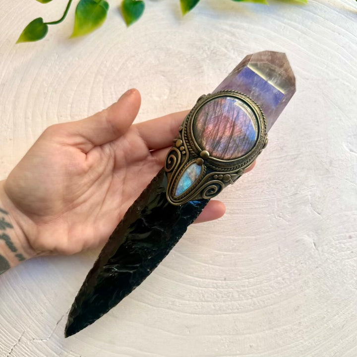 Shamanic-style wand with Super Seven Quartz and Black Obsidian