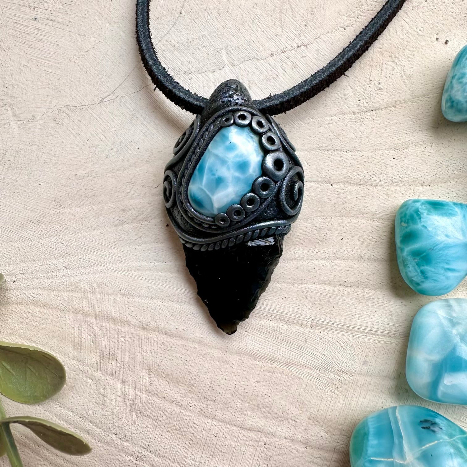 Handmade obsidian arrowhead necklace with larimar gemstone