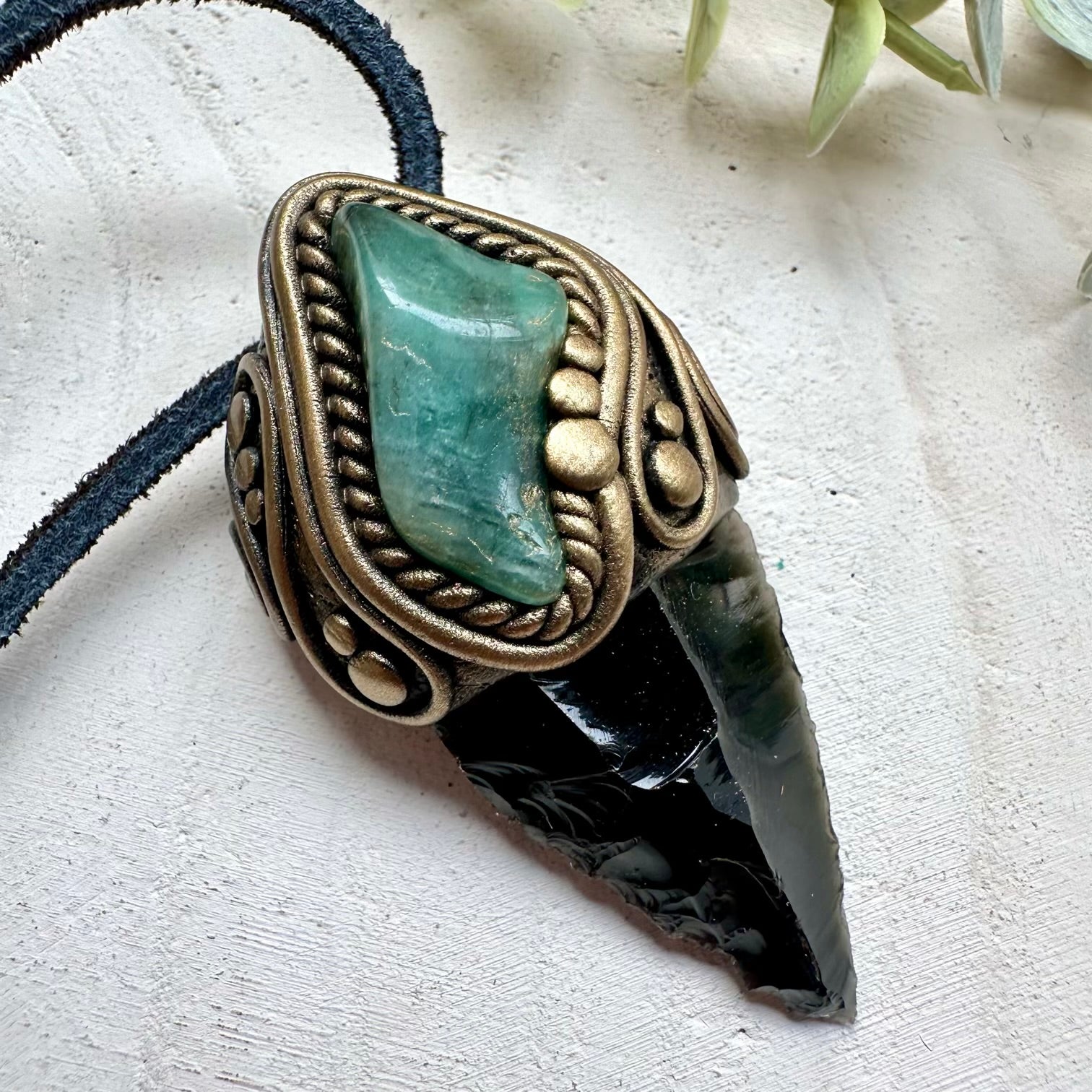 Natural gemstone necklace with black obsidian and emerald