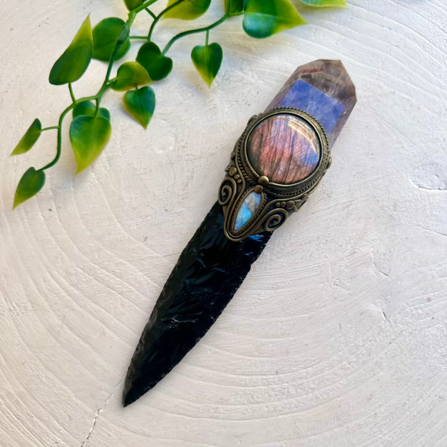 Ritual tool wand featuring Obsidian arrowhead and Super Seven Quartz point
