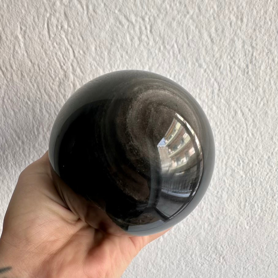 Obsidian Sphere – Natural Silver Obsidian Crystal Ball (9 cm) for Protection, Grounding & Energy Shielding - FairyGardenGlow