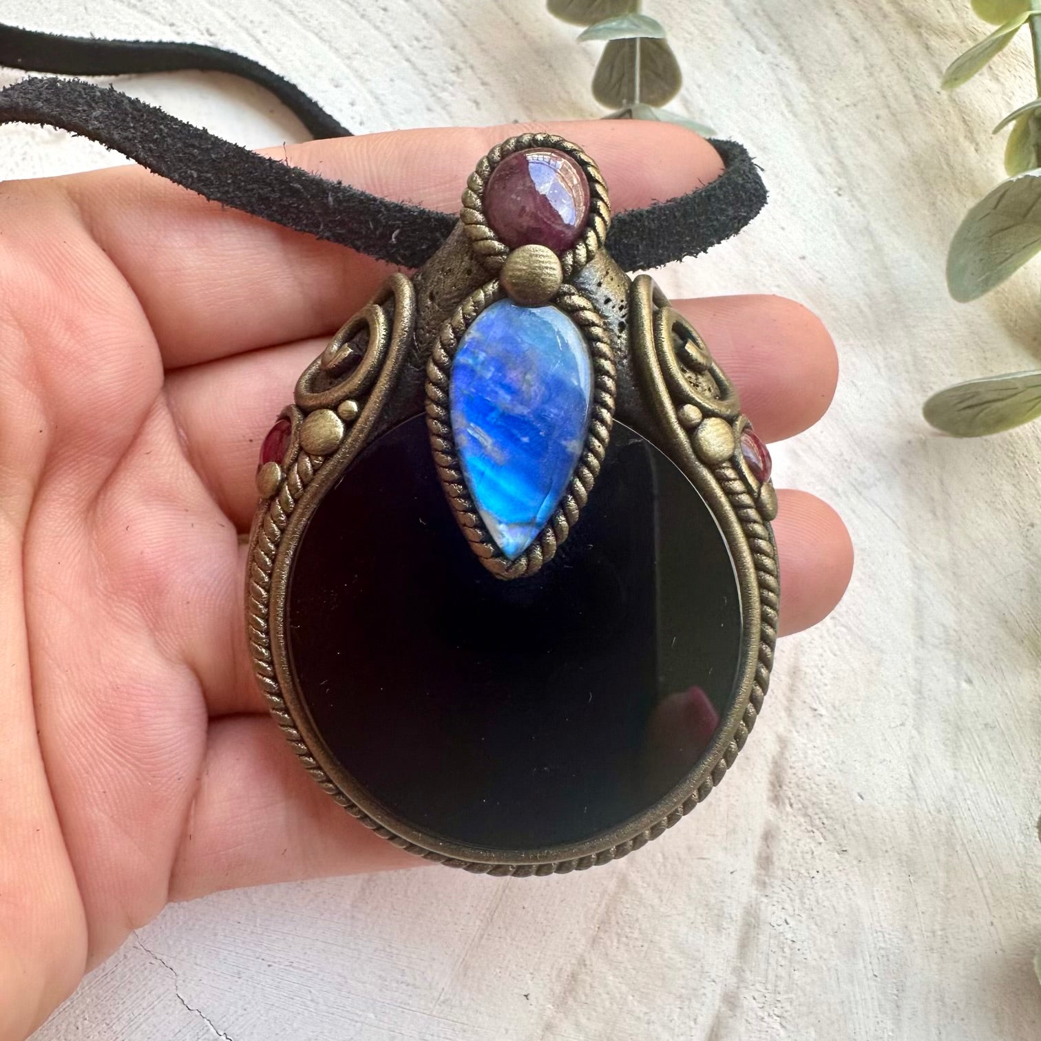 Spiritual protection amulet with Obsidian mirror pendant