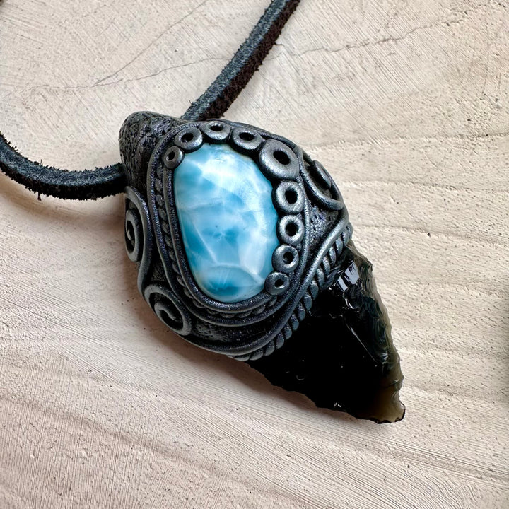 Energy pendant with obsidian arrowhead and larimar