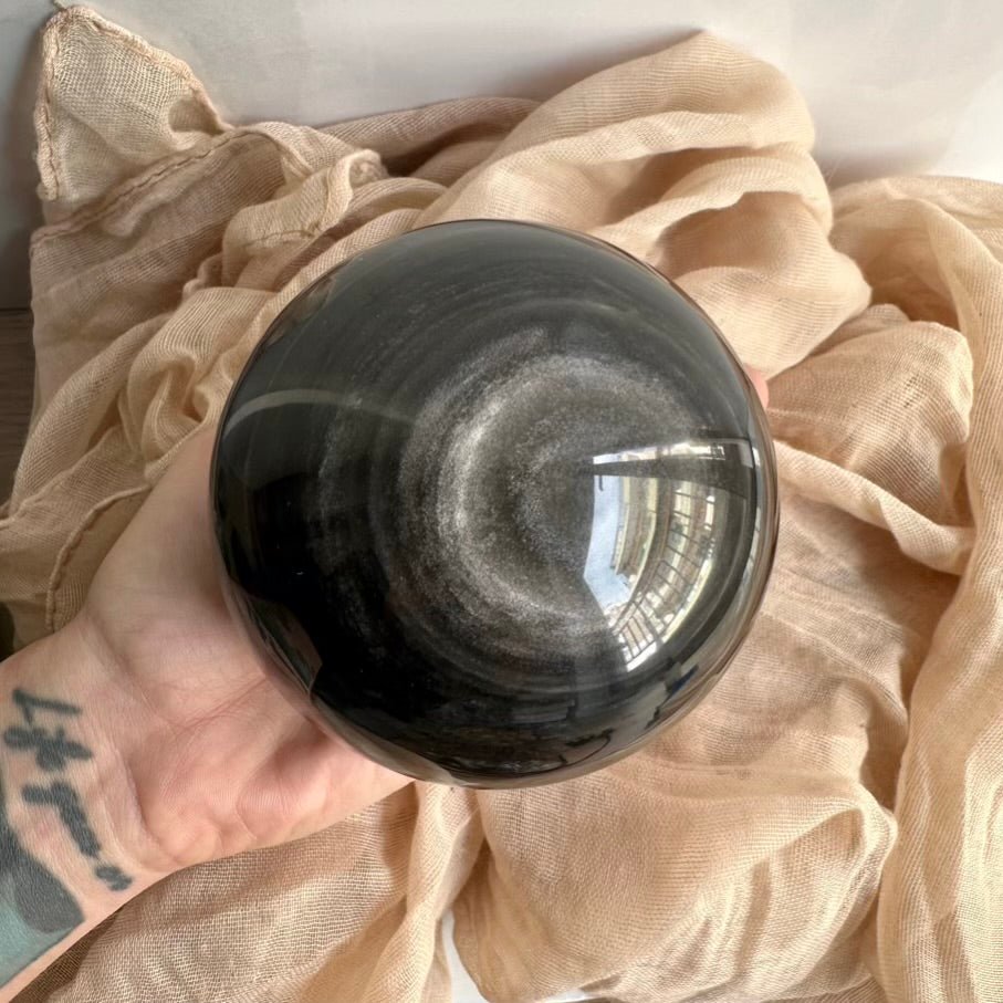 Obsidian Sphere – Natural Silver Obsidian Crystal Ball (9 cm) for Protection, Grounding & Energy Shielding - FairyGardenGlow