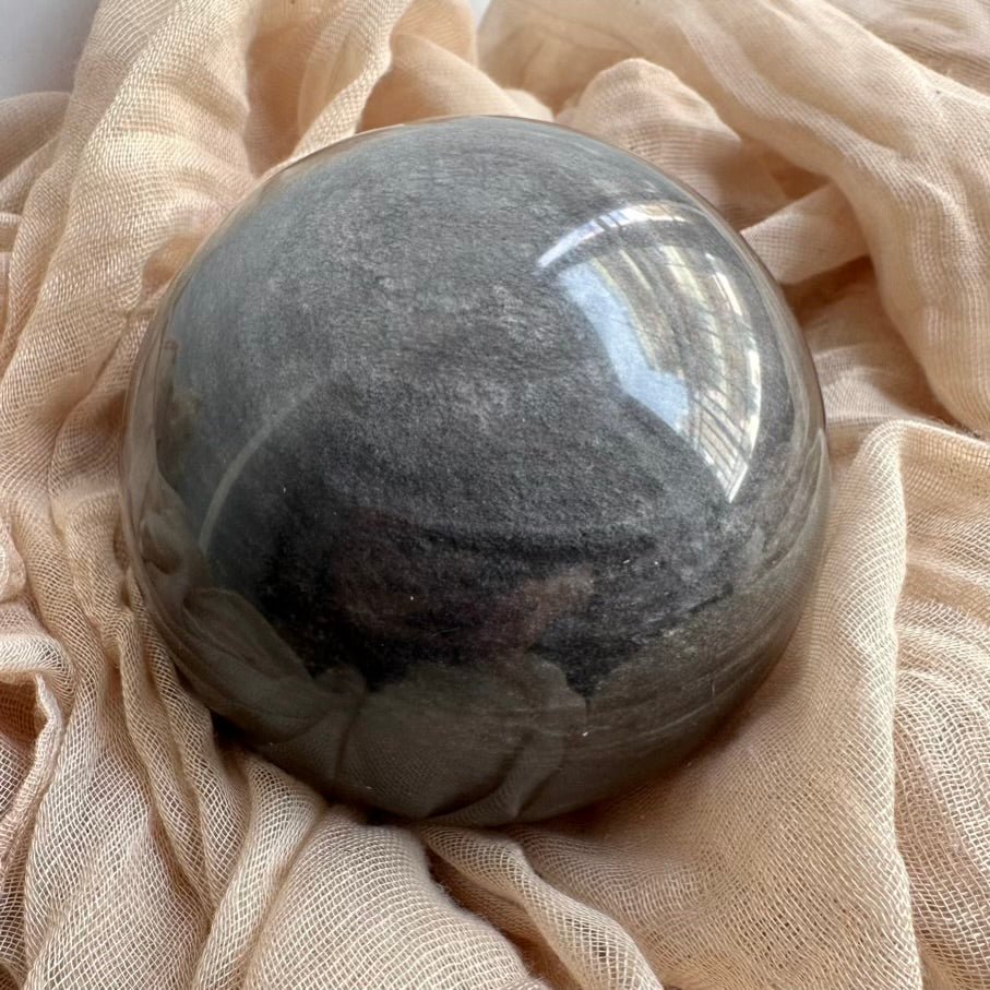 Obsidian Sphere – Natural Silver Obsidian Crystal Ball (9 cm) for Protection, Grounding & Energy Shielding - FairyGardenGlow
