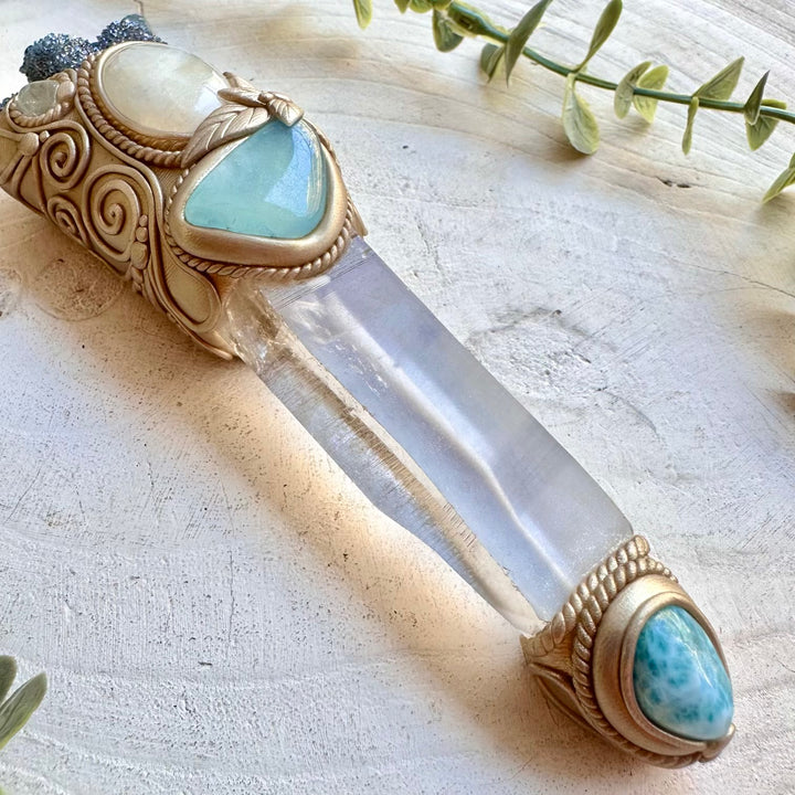 Handmade gemstone healing wand with Aquamarine Larimar and Blue Topaz crystal accents