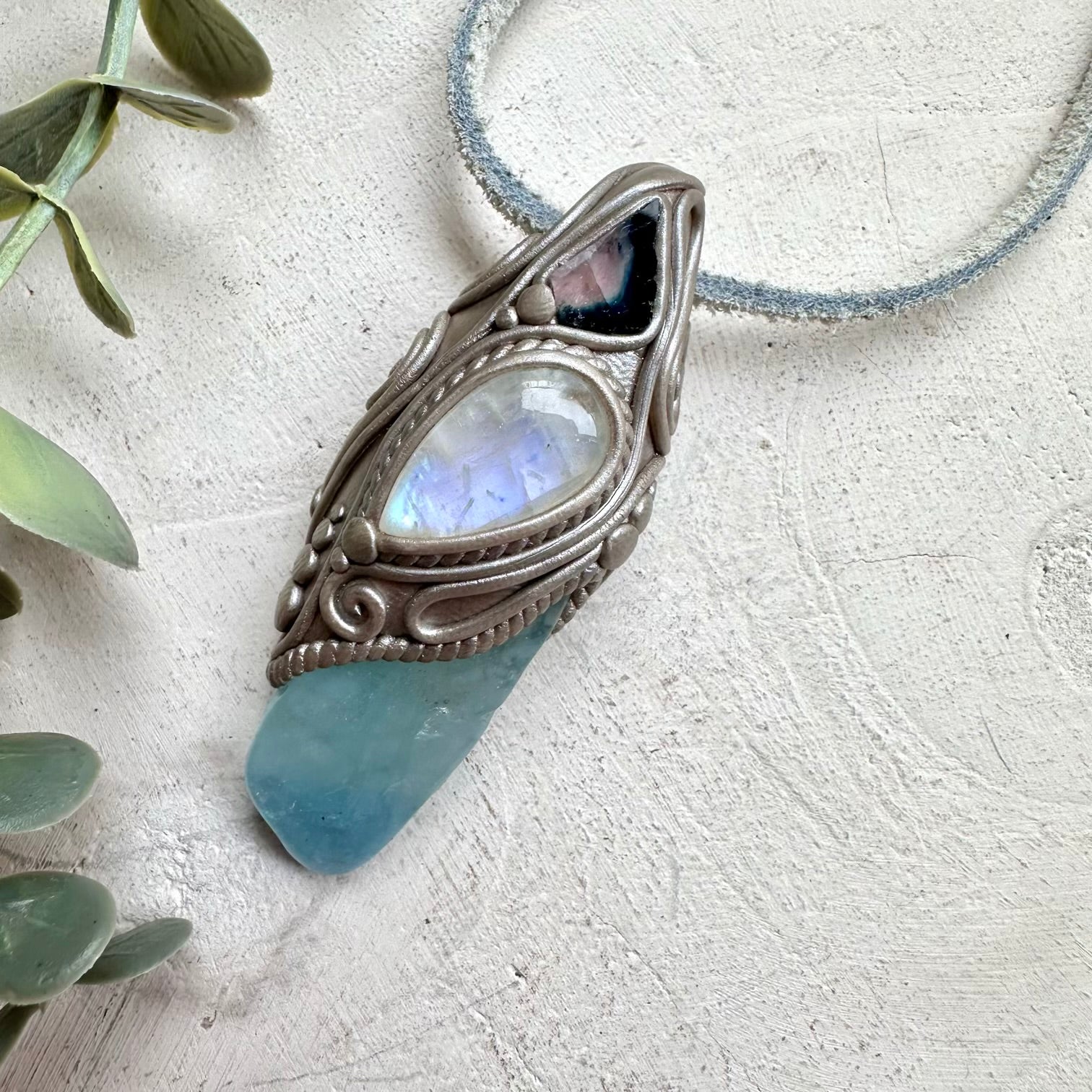 Natural gemstone necklace with aquamarine and rainbow moonstone
