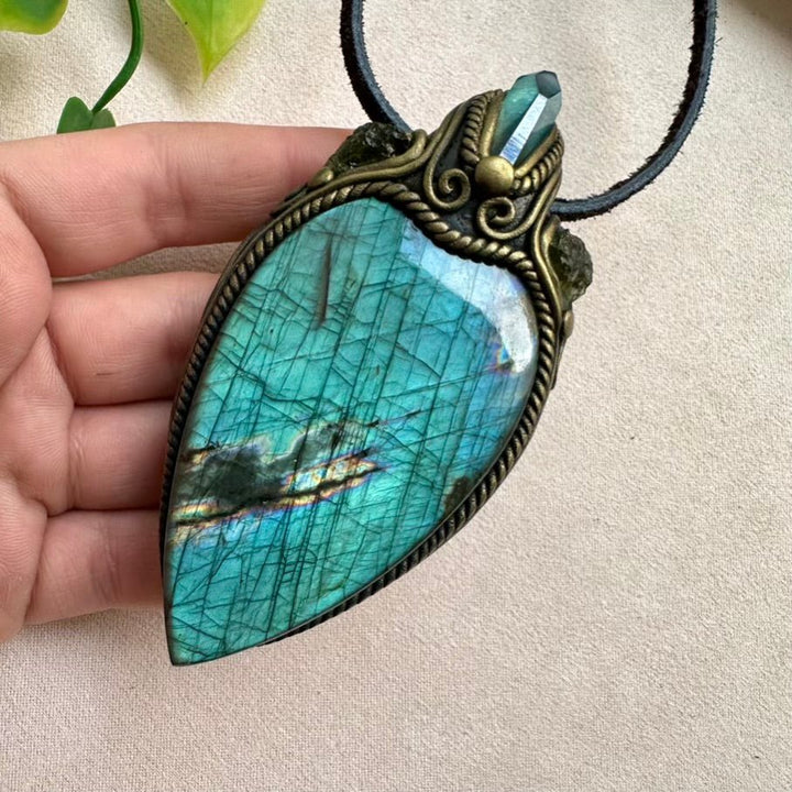 Labradorite Aqua Aura Quartz and Moldavite Crystal Necklace, One of a kind Gemstone Jewelry - FairyGardenGlow