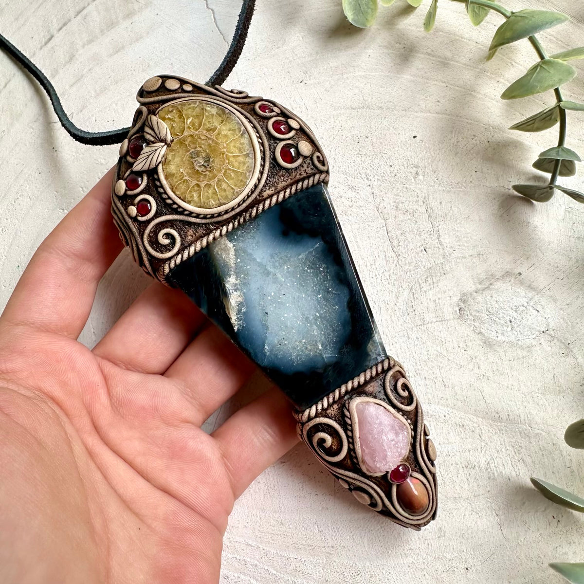 Artisan gemstone wand featuring Agate, Ammonite and Raw Morganite with Ethiopian Opal and deep red Rhodolite Garnet accents.