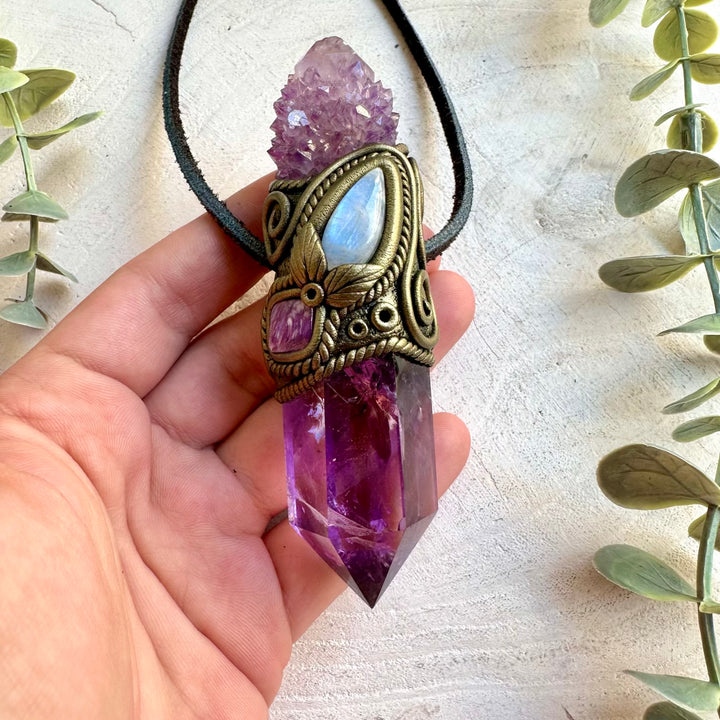 One of a kind healing crystal wand featuring purple Amethyst and sparkling deep purple Spirit Quartz.
