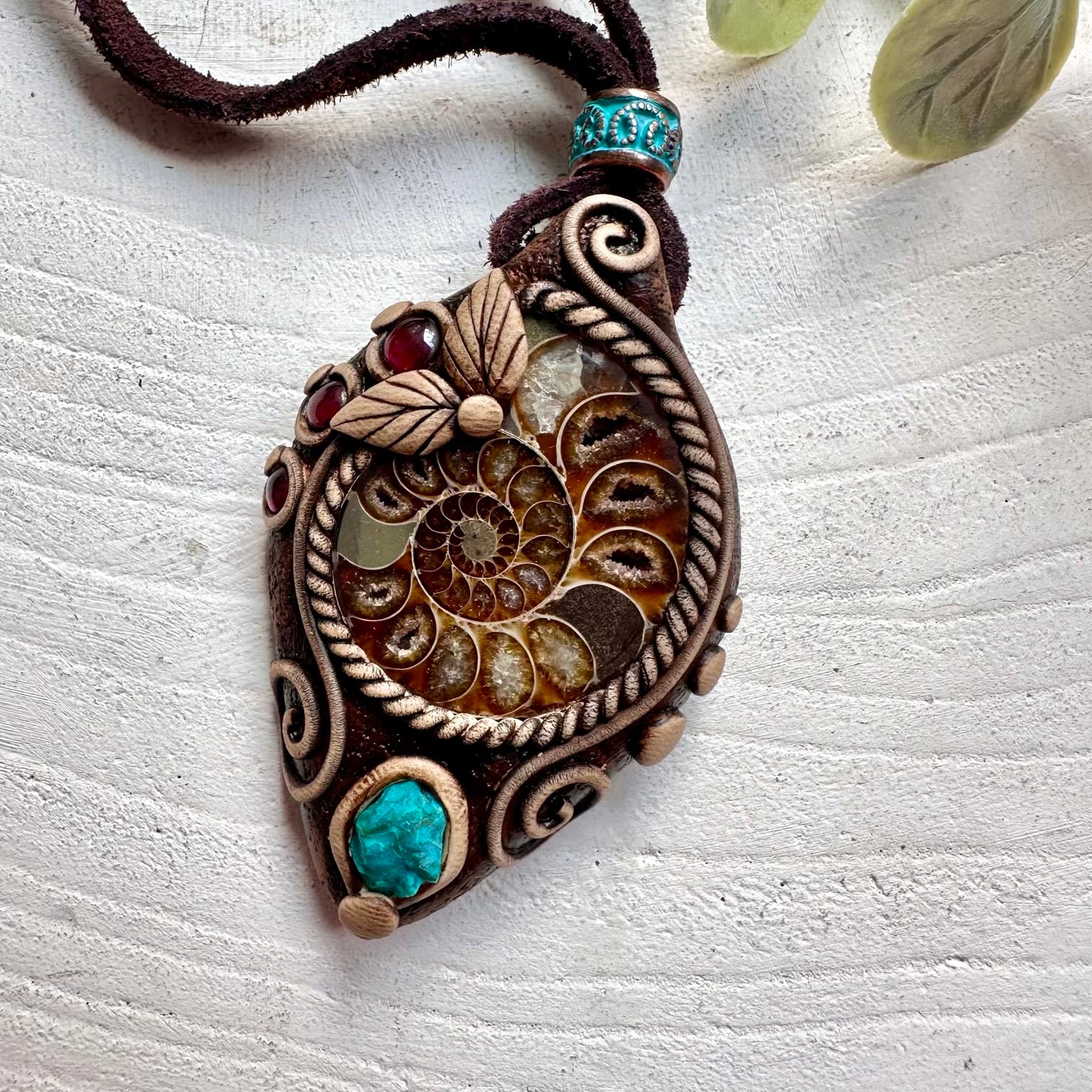 Natural gemstone crystal necklace with Ammonite, Raw Chrysocolla and Garnet handmade boho jewelry