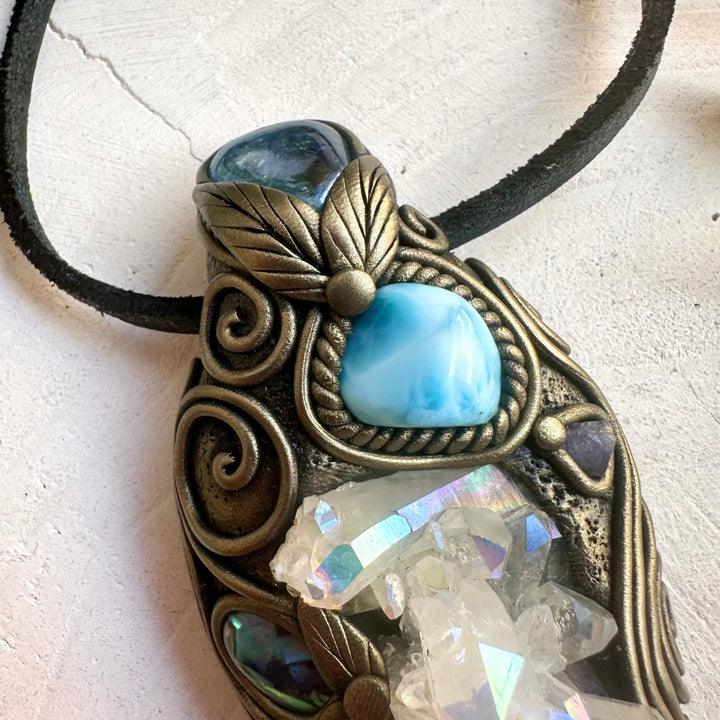 Unique artisan pendant crafted with an Angel Aura Quartz Cluster and genuine natural gemstones.