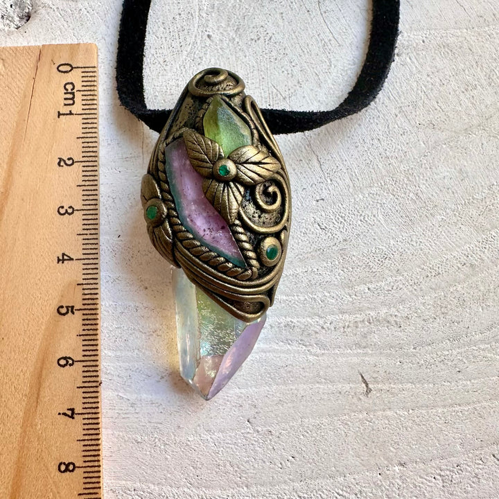 Handmade pendant necklace with Angel Aura Quartz, Watermelon Tourmaline and Emerald.