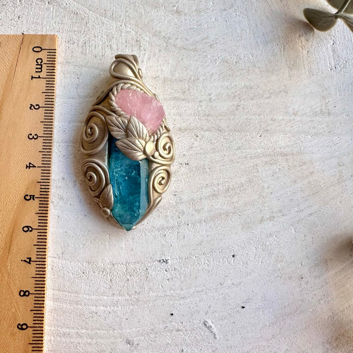 Handmade pendant necklace featuring Aqua Aura Quartz and delicate Morganite.