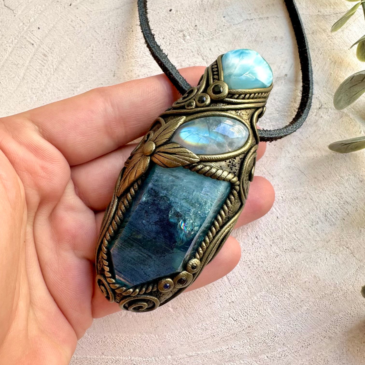 One of a kind crystal wand - pendant necklace with luminous Aqua Aura Quartz and soft blue Larimar.