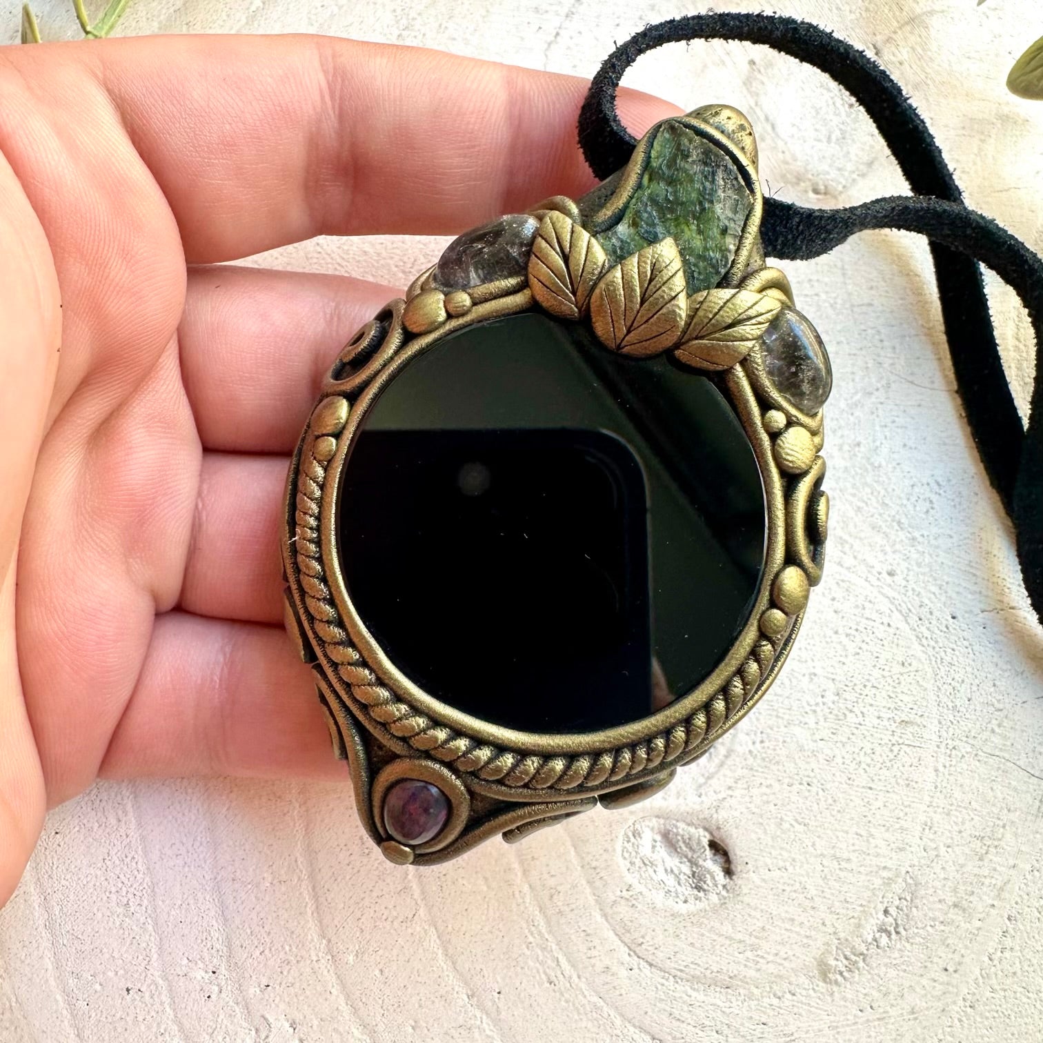 Unique crystal talisman necklace featuring Black Obsidian Mirror and rare natural gemstones.