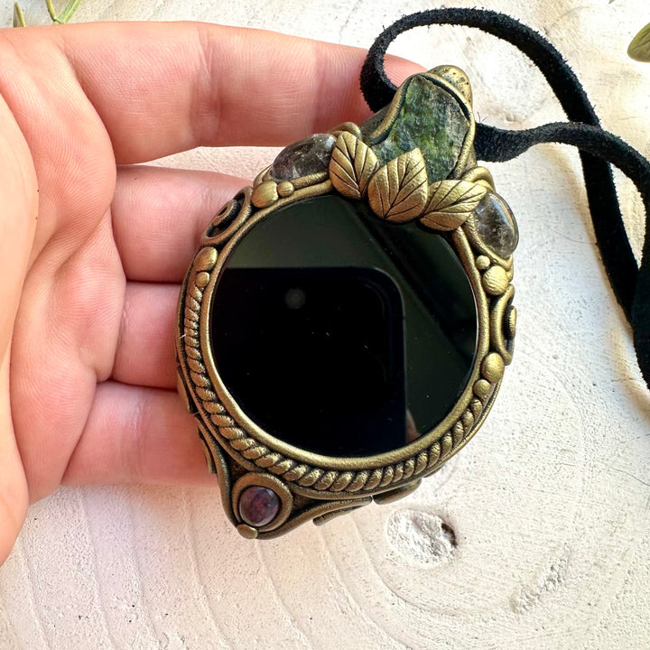 Unique crystal talisman necklace featuring Black Obsidian Mirror and rare natural gemstones.