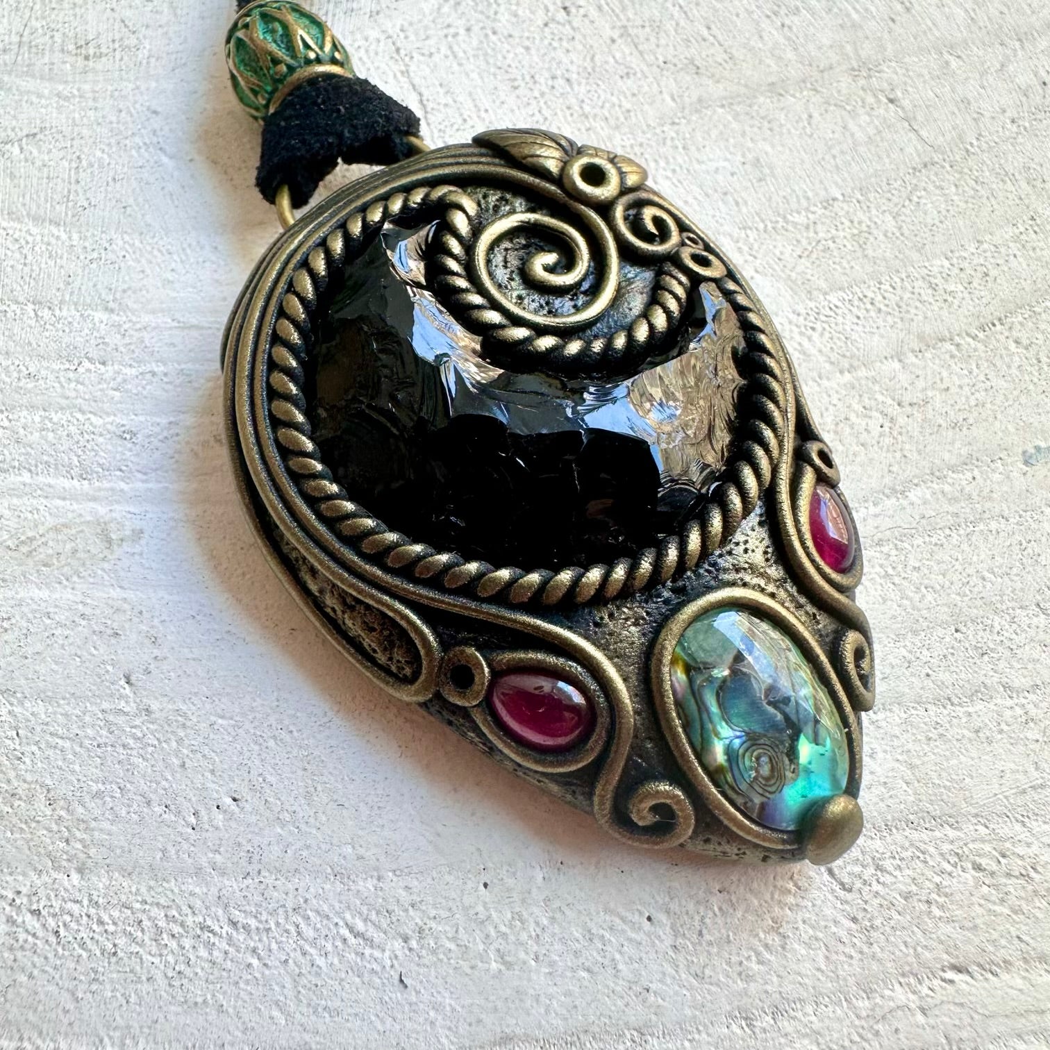 Crystal talisman necklace made with Black Obsidian Moon, Rhodolite Garnet and Abalone Seashell.