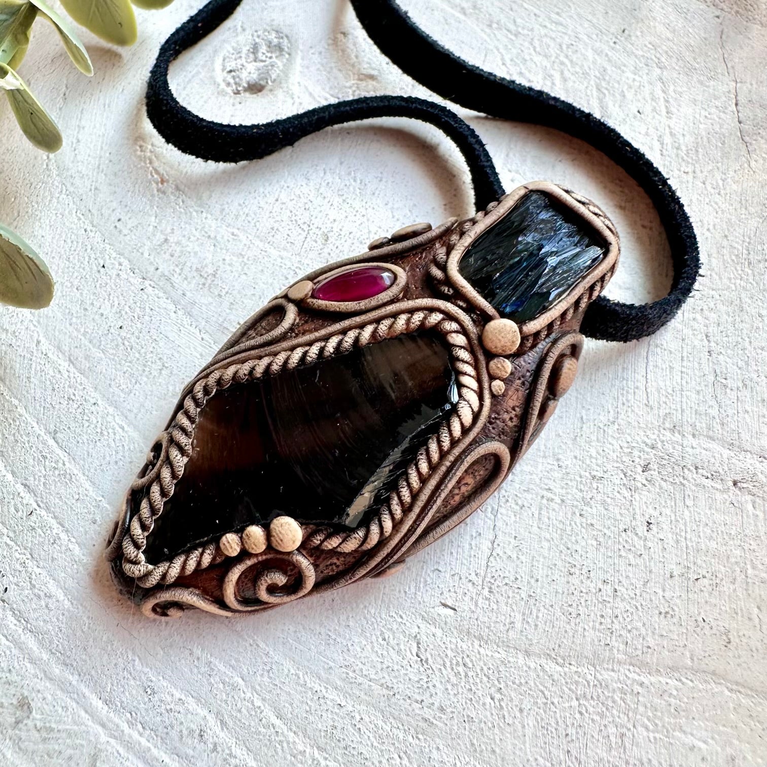 Unique boho pendant necklace with Black Obsidian, Vivianite and deep red Rhodolite Garnet.
