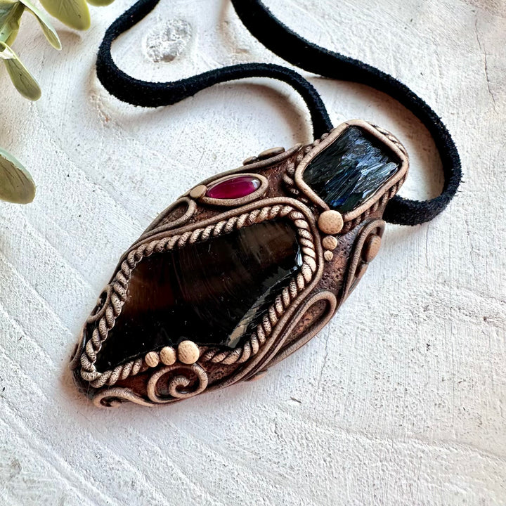 Unique boho pendant necklace with Black Obsidian, Vivianite and deep red Rhodolite Garnet.