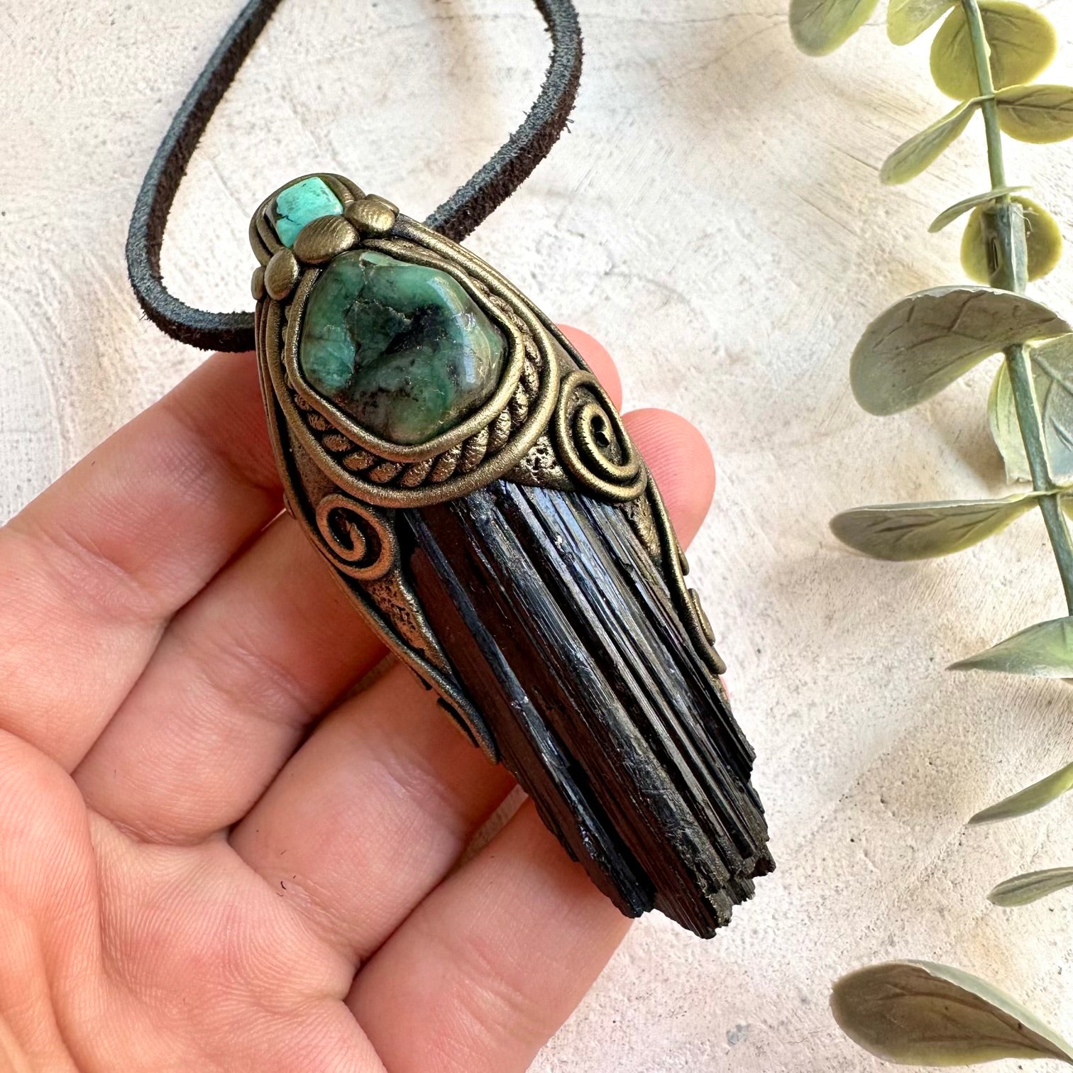 Handmade crystal jewelry combining Black Tourmaline with natural Emerald and Tibetan Turquoise.