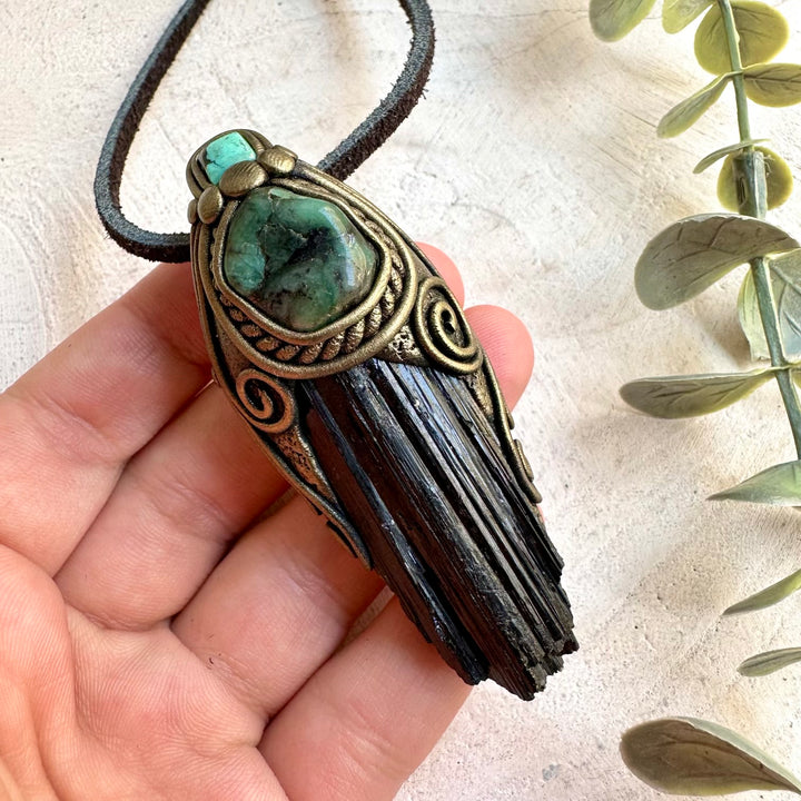 Handmade crystal jewelry combining Black Tourmaline with natural Emerald and Tibetan Turquoise.