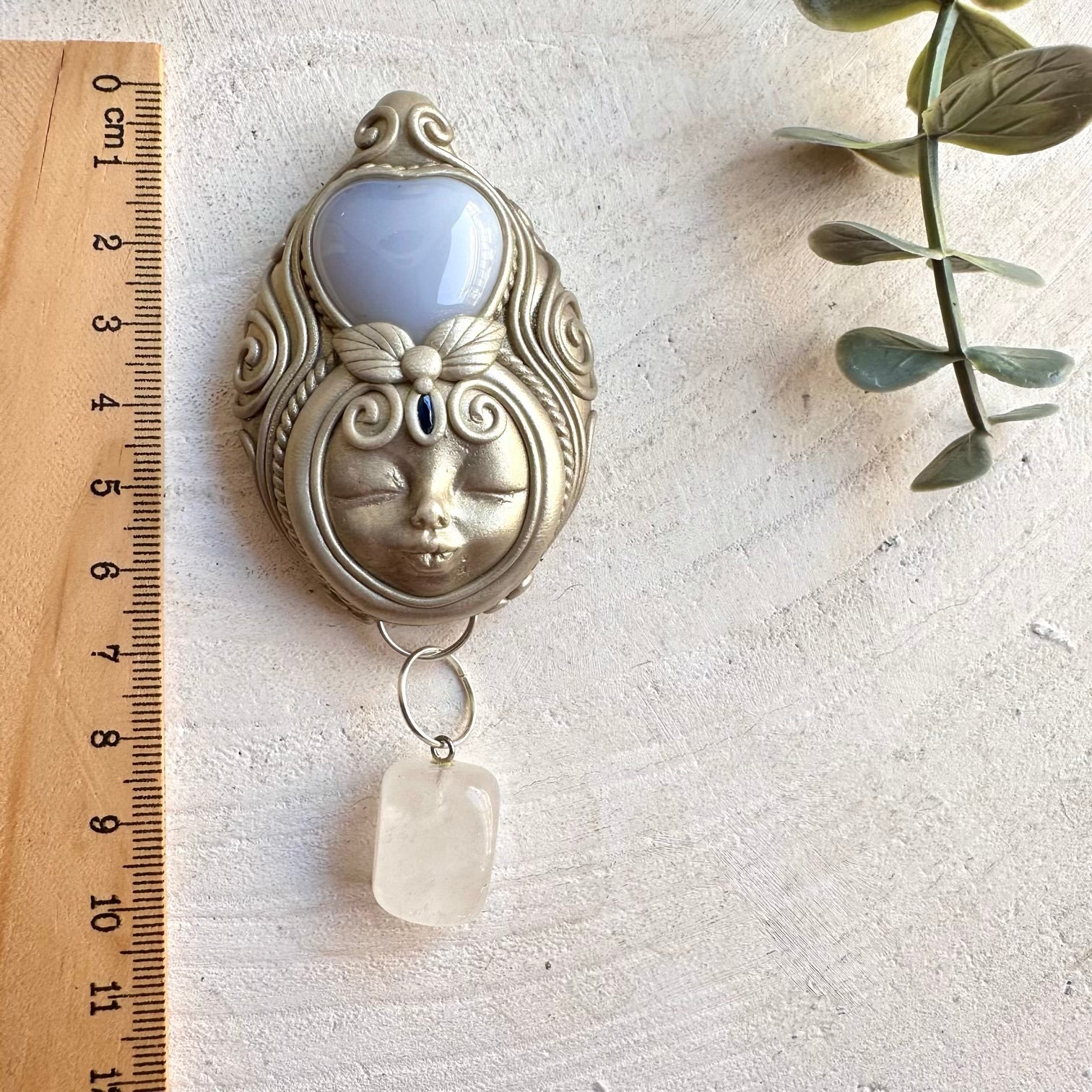 Handmade Goddess necklace featuring a Blue Chalcedony Heart, Clear Quartz and Blue Sapphire.