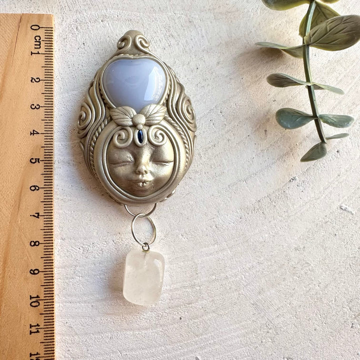 Handmade Goddess necklace featuring a Blue Chalcedony Heart, Clear Quartz and Blue Sapphire.