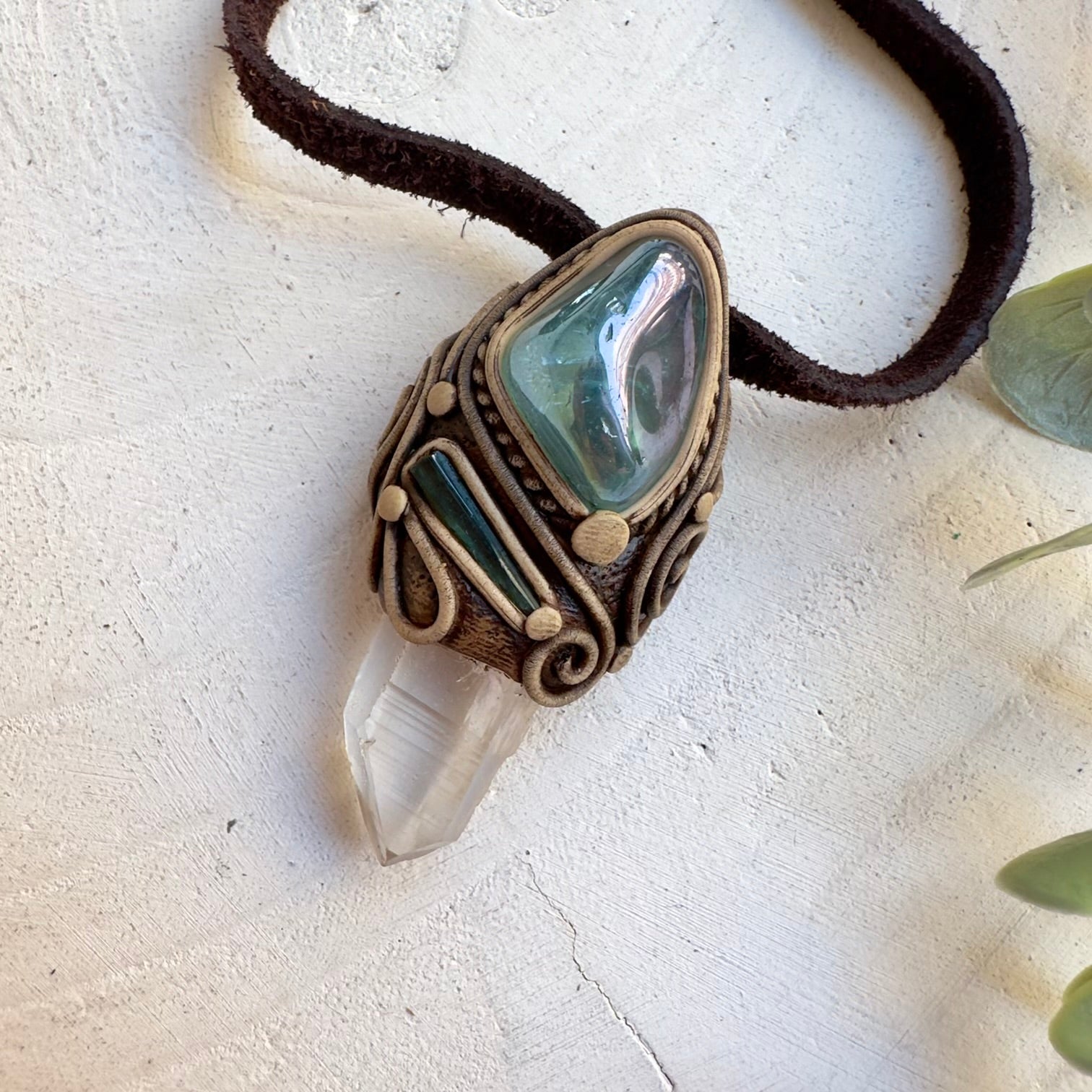 Natural gemstone necklace featuring Lemurian Quartz and Blue Tourmaline
