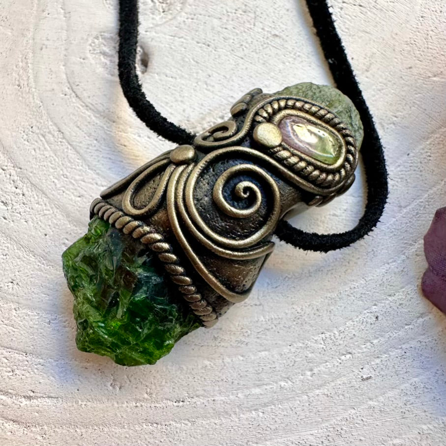 Protective raw green Moldavite crystal combined with calming Chrome Diopside and bi-color Tourmaline shimmer, artisan handmade unisex crystal necklace tool.