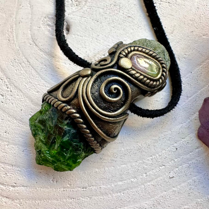Protective raw green Moldavite crystal combined with calming Chrome Diopside and bi-color Tourmaline shimmer, artisan handmade unisex crystal necklace tool.